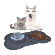 Double Dog Bowls, Pet Stainless Steel Water Bowl,3 in 1 Dog Slow Feeder with Non-Spill Silicone Tray Bone Shape Non-Slip Mat